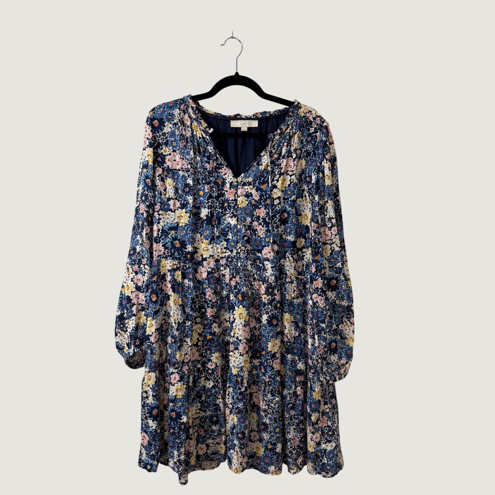 LOFT Womens Floral Tiered Mini Dress Navy Blue Long Sleeve Cottage Whimsical XL